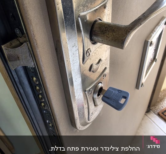 צילינדר ומפתח שהותקנו במנעול דלת כניסה